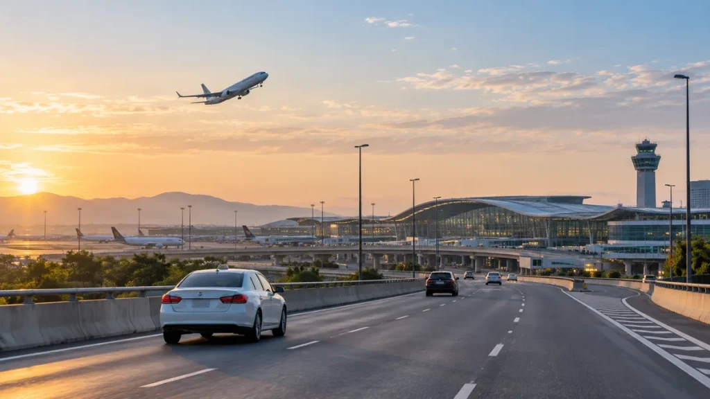כביש לשדה התעופה בבוקר עם תנועה קלה, מטוס ממריא ומונית לבנה