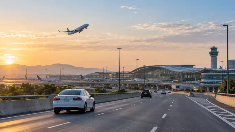 כביש לשדה התעופה בבוקר עם תנועה קלה, מטוס ממריא ומונית לבנה
